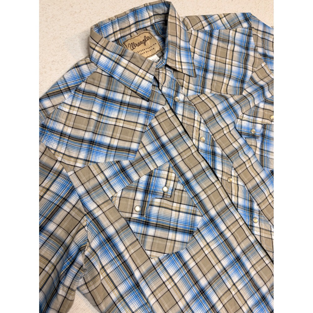 Wrangler Western Fashion Snap Shirt Mens Large Blue Khaki Plaid WM973KH Short sl